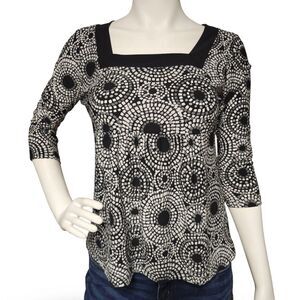 Susan Lawrence Petites Black White Geometric Mosaic 3/4 Sleeve Knit Top
